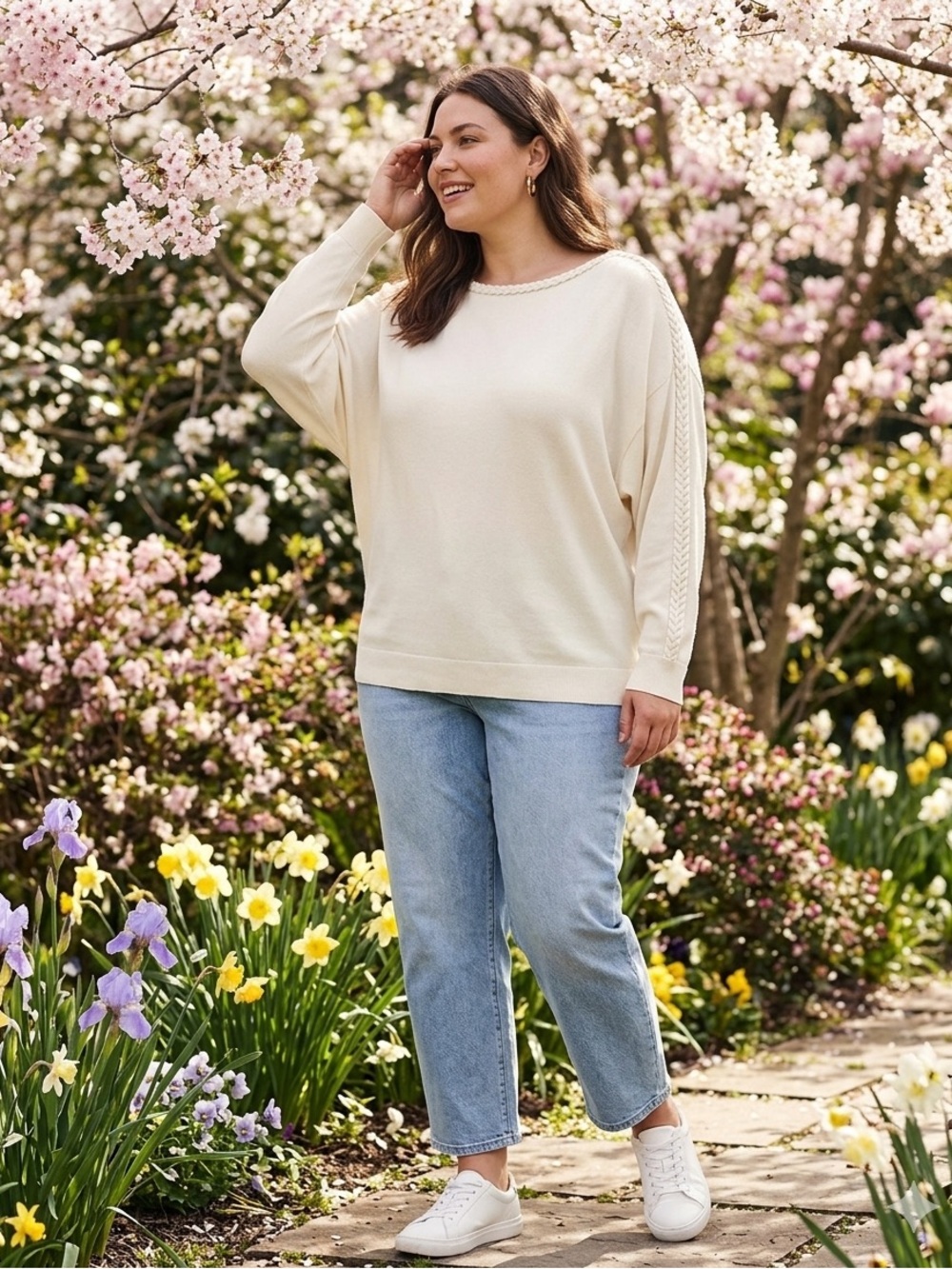 Lands' End Cream Sweater w/ dolman sleeves & Braided Detail pristine size 2X